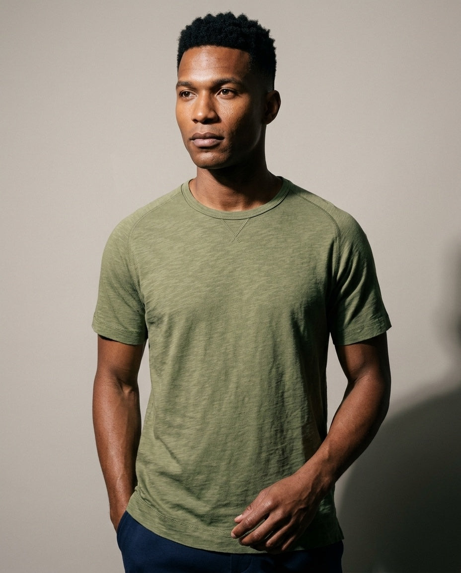 Men's Short Sleeve Tee in Olive, studio front view