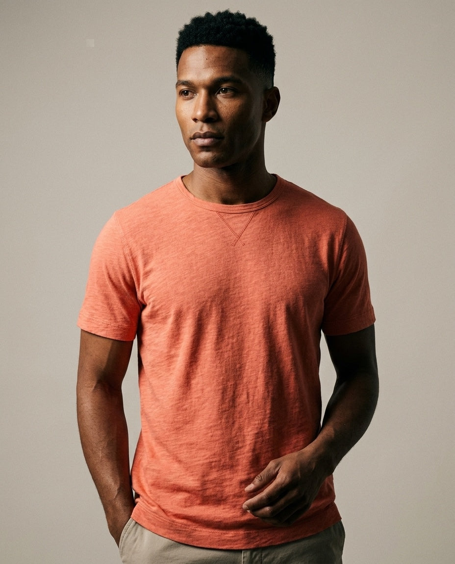 Men's Short Sleeve Tee in Coral, studio front view