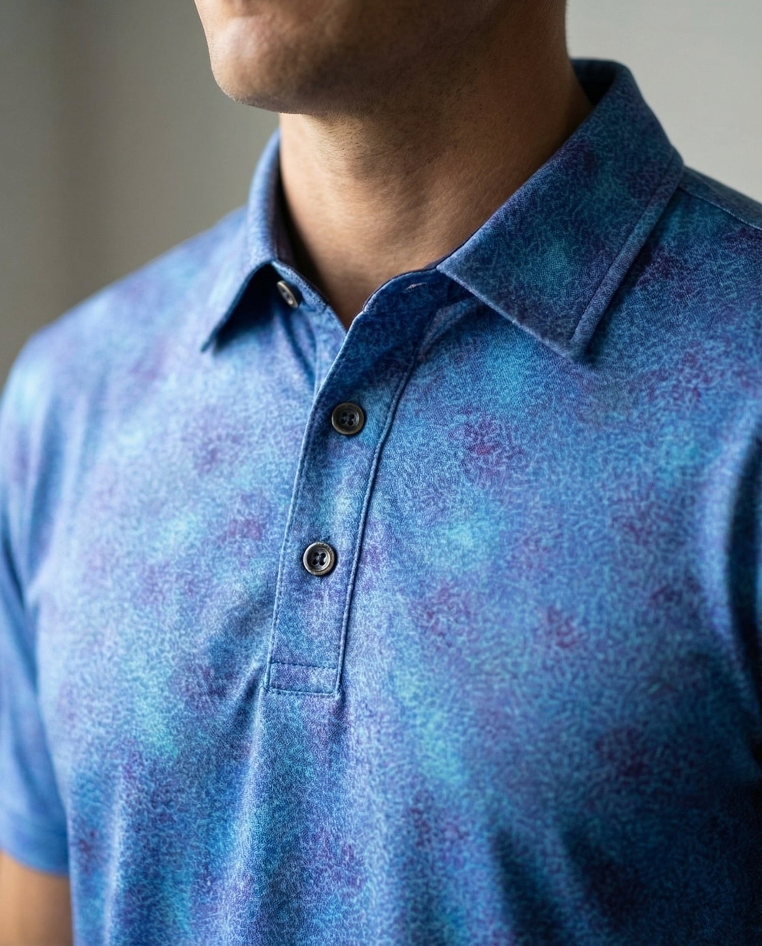 Men's 3 Button Blue Batik Pique Polo