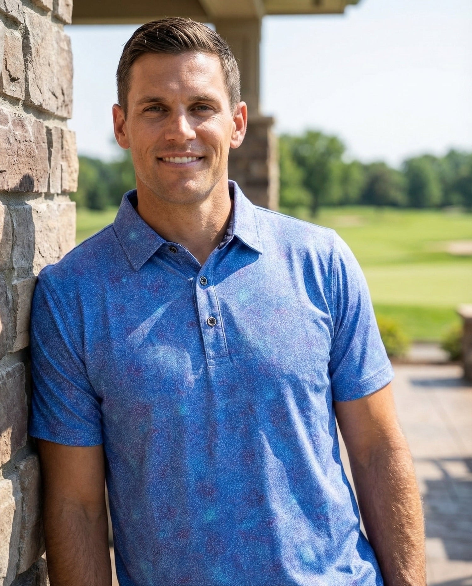 Men's 3 Button Blue Batik Pique Polo