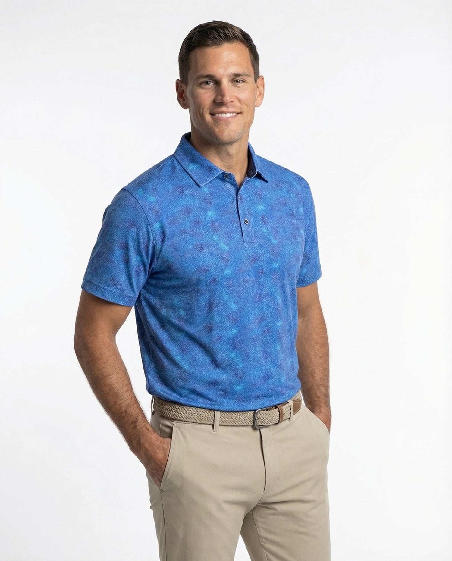 Men's 3 Button Blue Batik Pique Polo