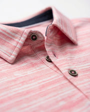 Close-up of a pink and white striped shirt with buttons.