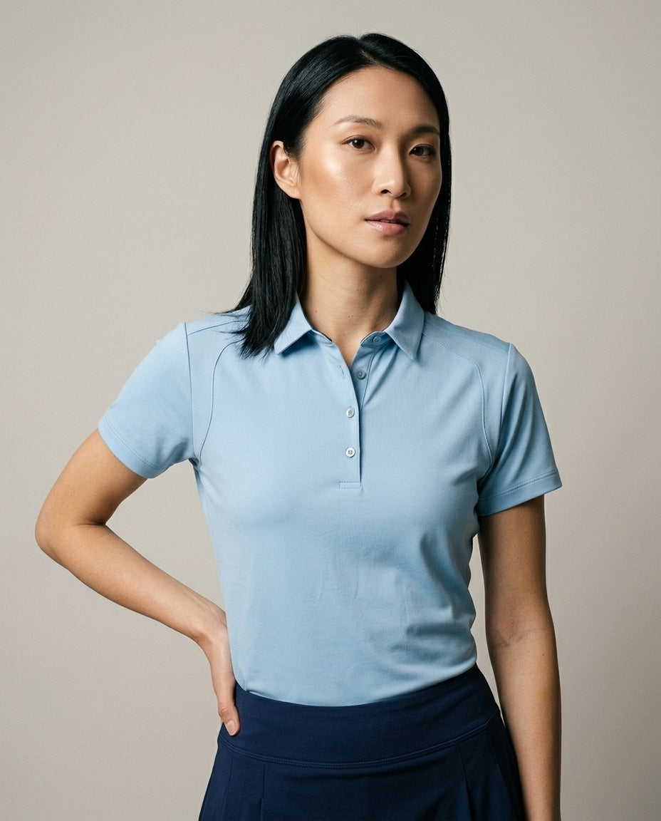 Women's SwingFree™ Performance Polo in Sky Blue, studio front view