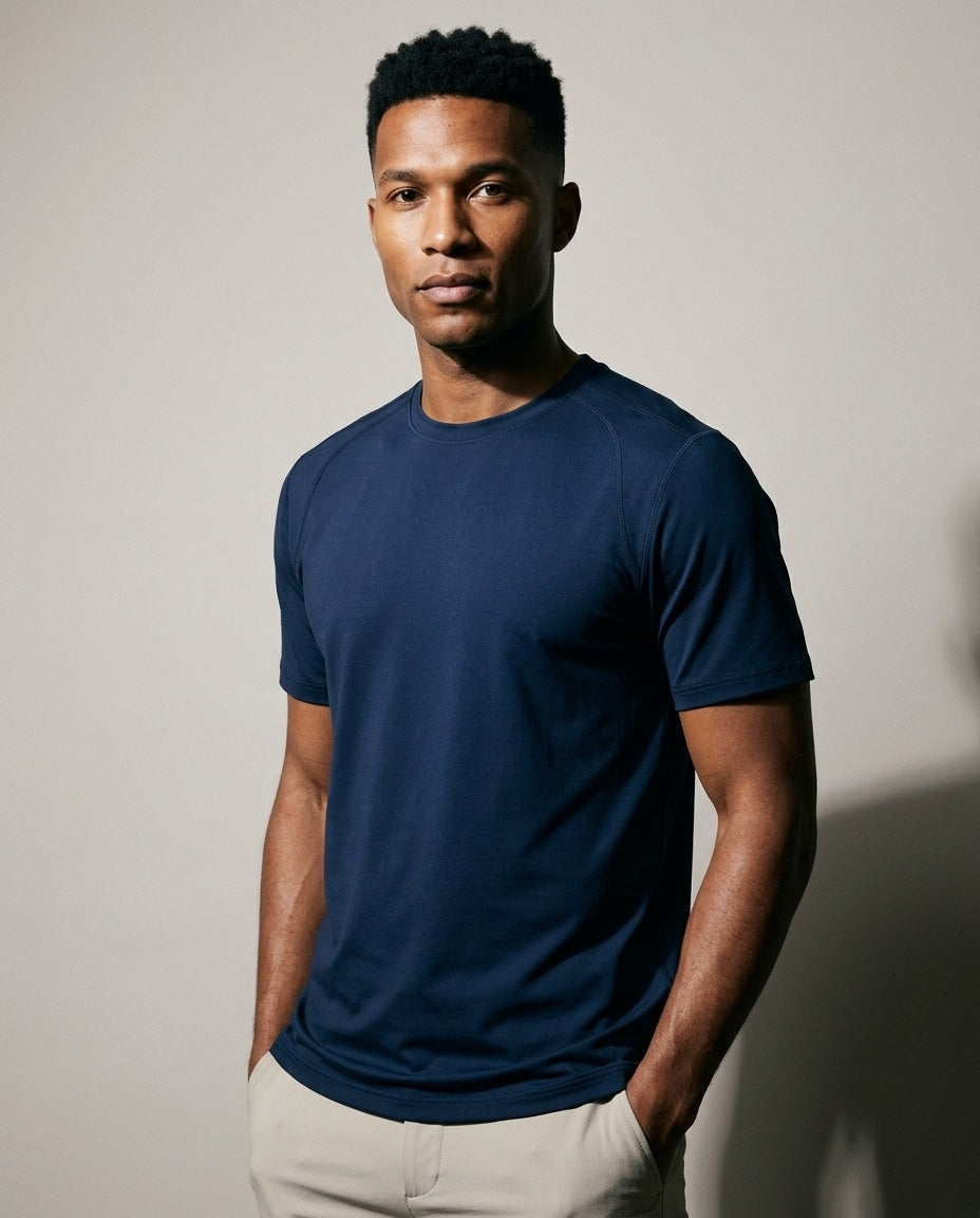 Men's SwingFree™ Performance Crew Tee in Navy, studio three-quarter view