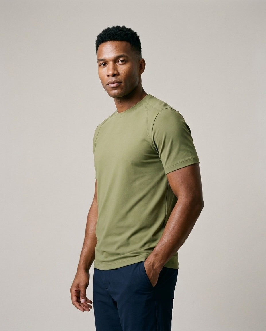 Men's SwingFree™ Performance Crew Tee in New Olive, studio three-quarter view