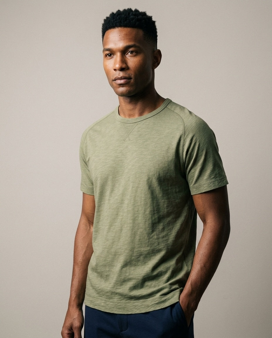 Men's Short Sleeve Tee in Olive, studio three-quarter view