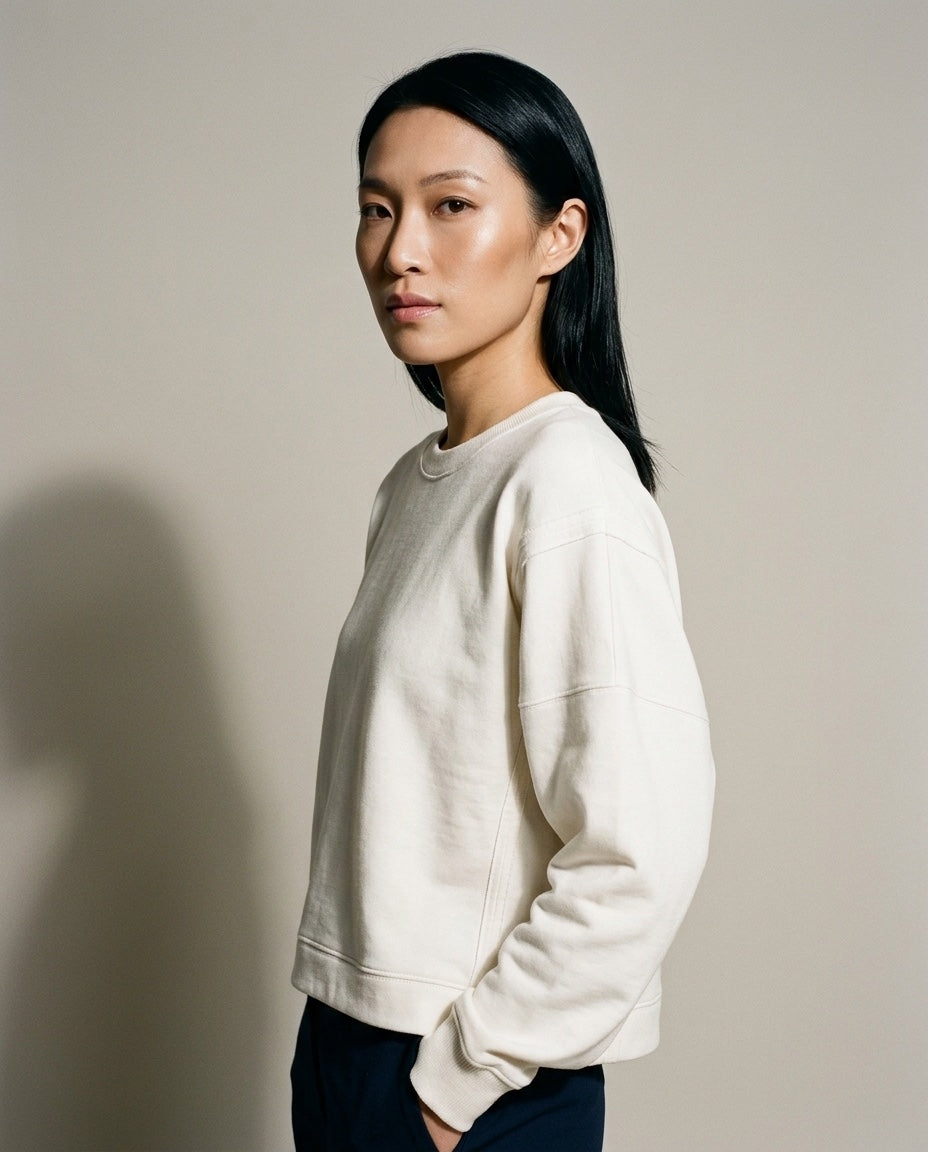 Women's Crew Neck Sweatshirt in Ivory, studio three-quarter view