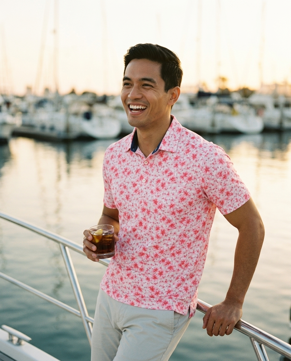 Man in pink Hawaiian floral NIAM performance polo, lifestyle on course