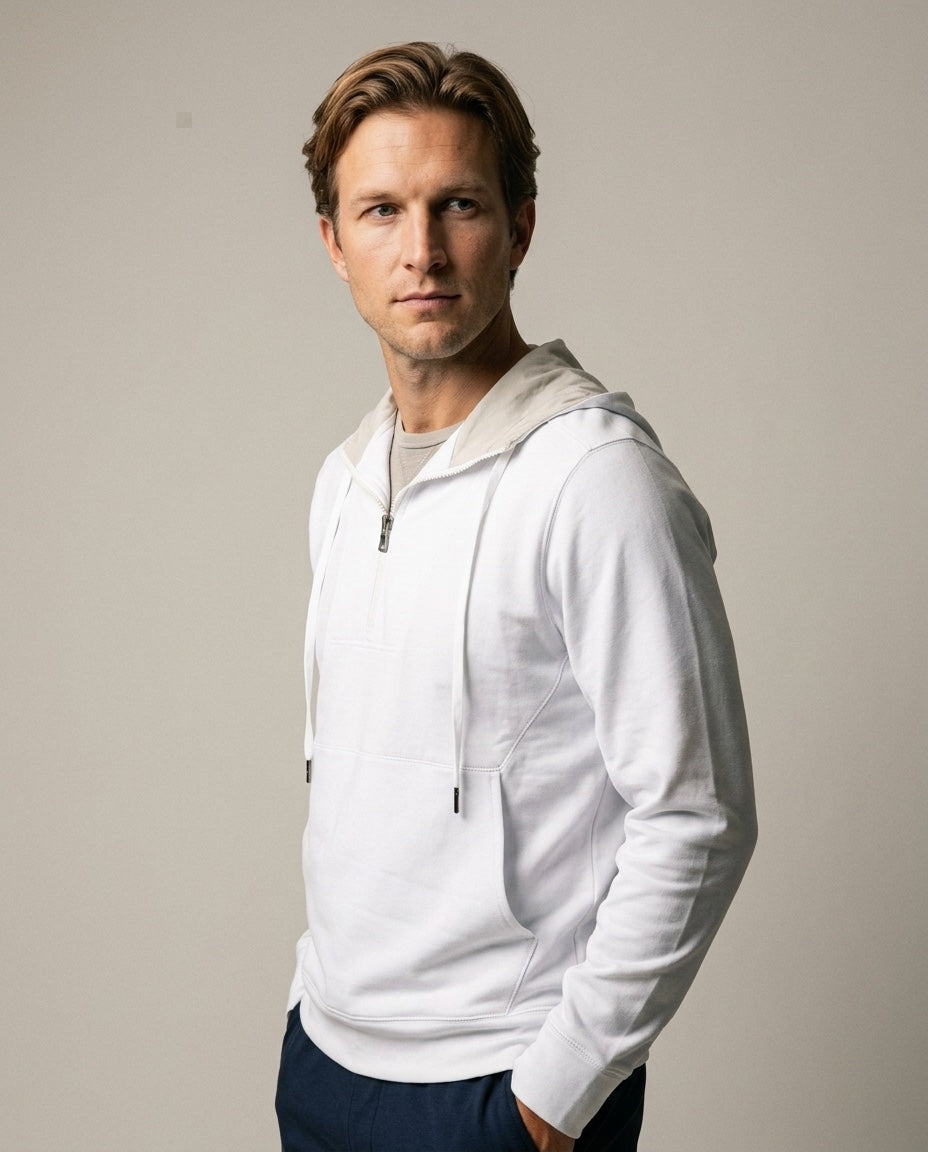Men's ¼ Zip Hooded Pullover in White, studio three-quarter view