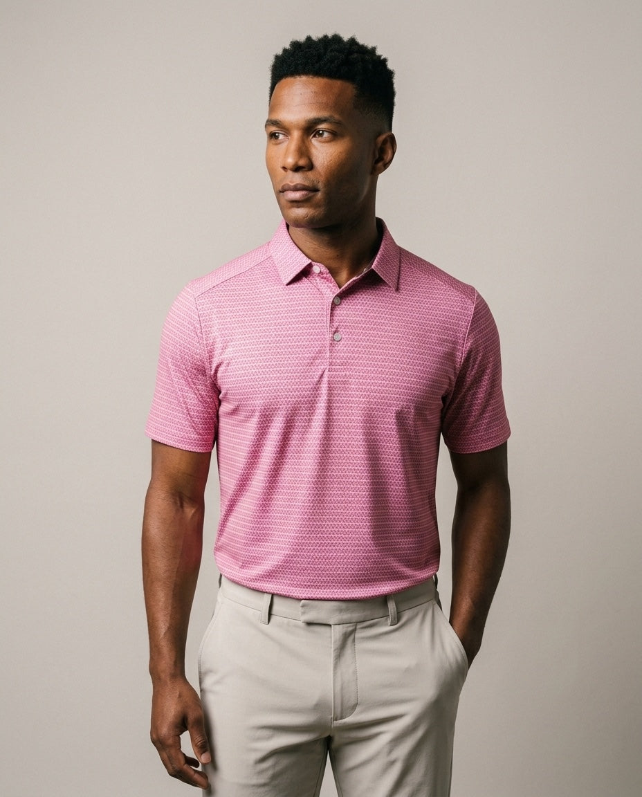 Men's Cozumel Polo with SwingFree™ Technology in Coral Print, studio front view