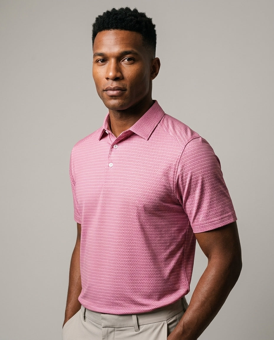 Men's Cozumel Polo with SwingFree™ Technology in Coral Print, studio three-quarter view