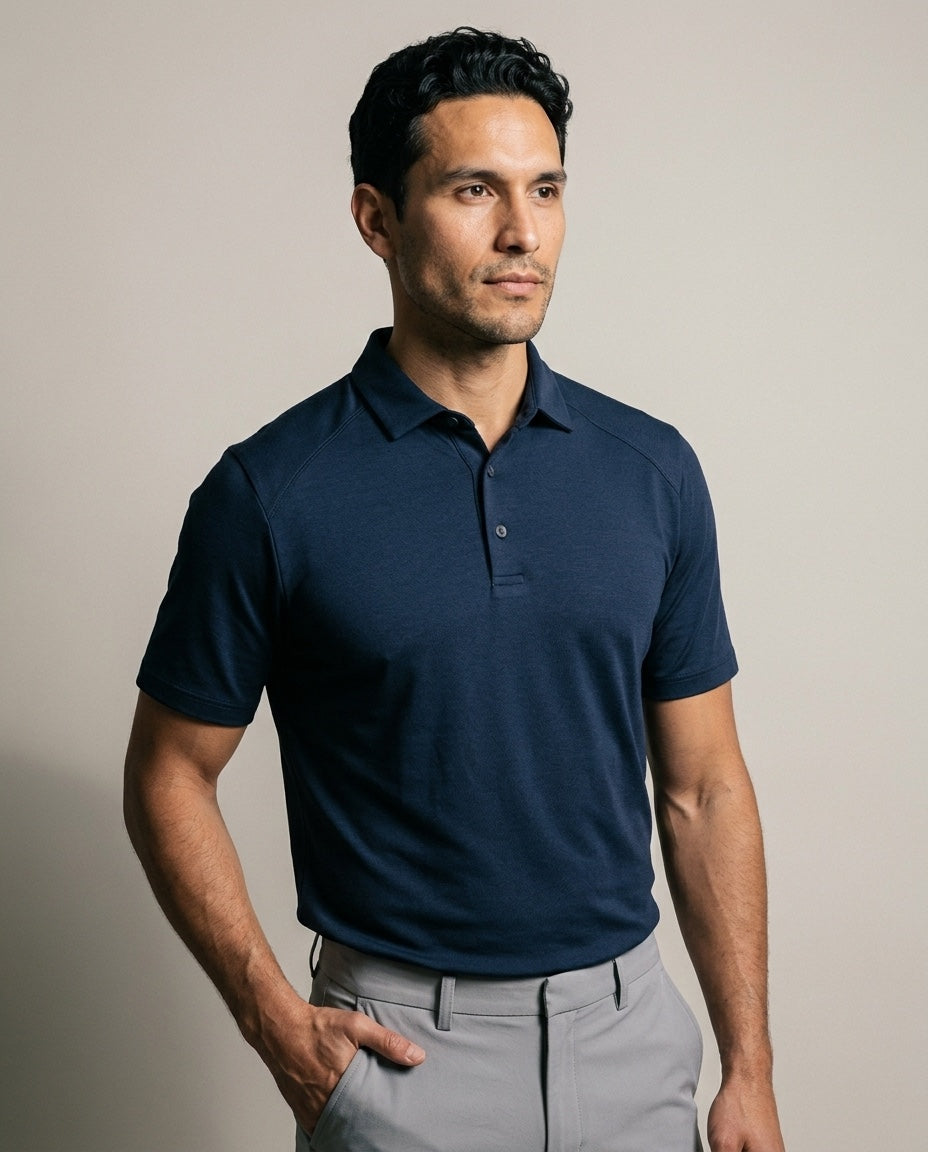 Men's Dorado Polo with SwingFree™ Technology in Dark Blue, studio front view