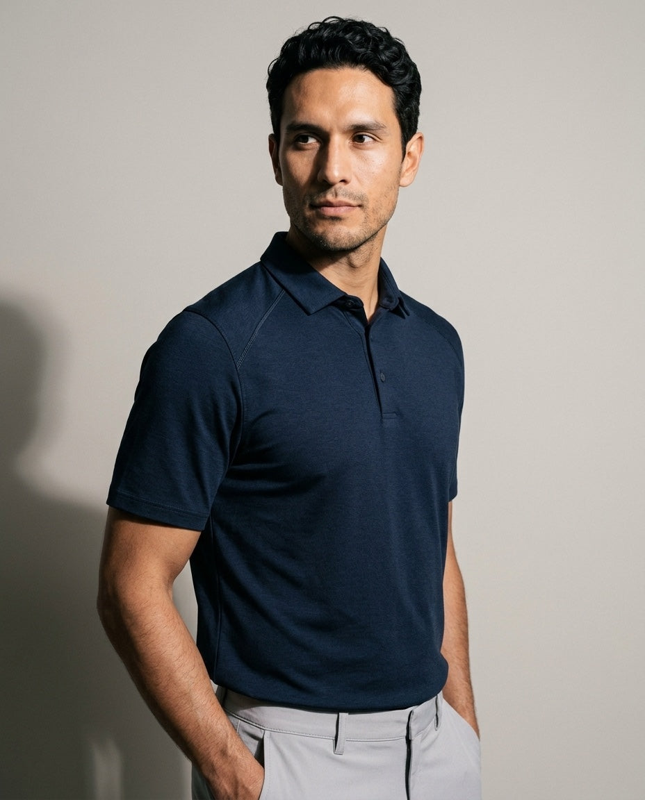 Men's Dorado Polo with SwingFree™ Technology in Dark Blue, studio three-quarter view