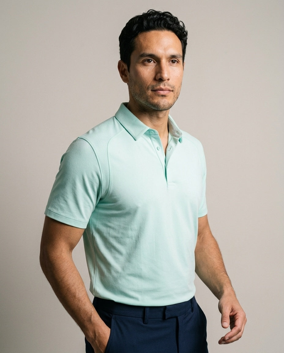Men's Dorado Polo with SwingFree™ Technology in Mint Green, studio three-quarter view
