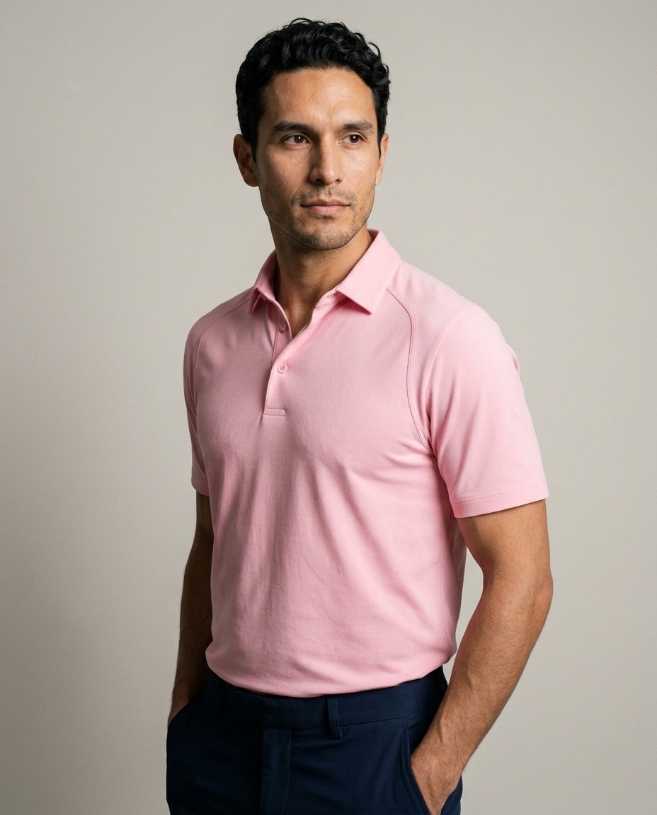 Men's Dorado Polo with SwingFree™ Technology in Pink, studio three-quarter view