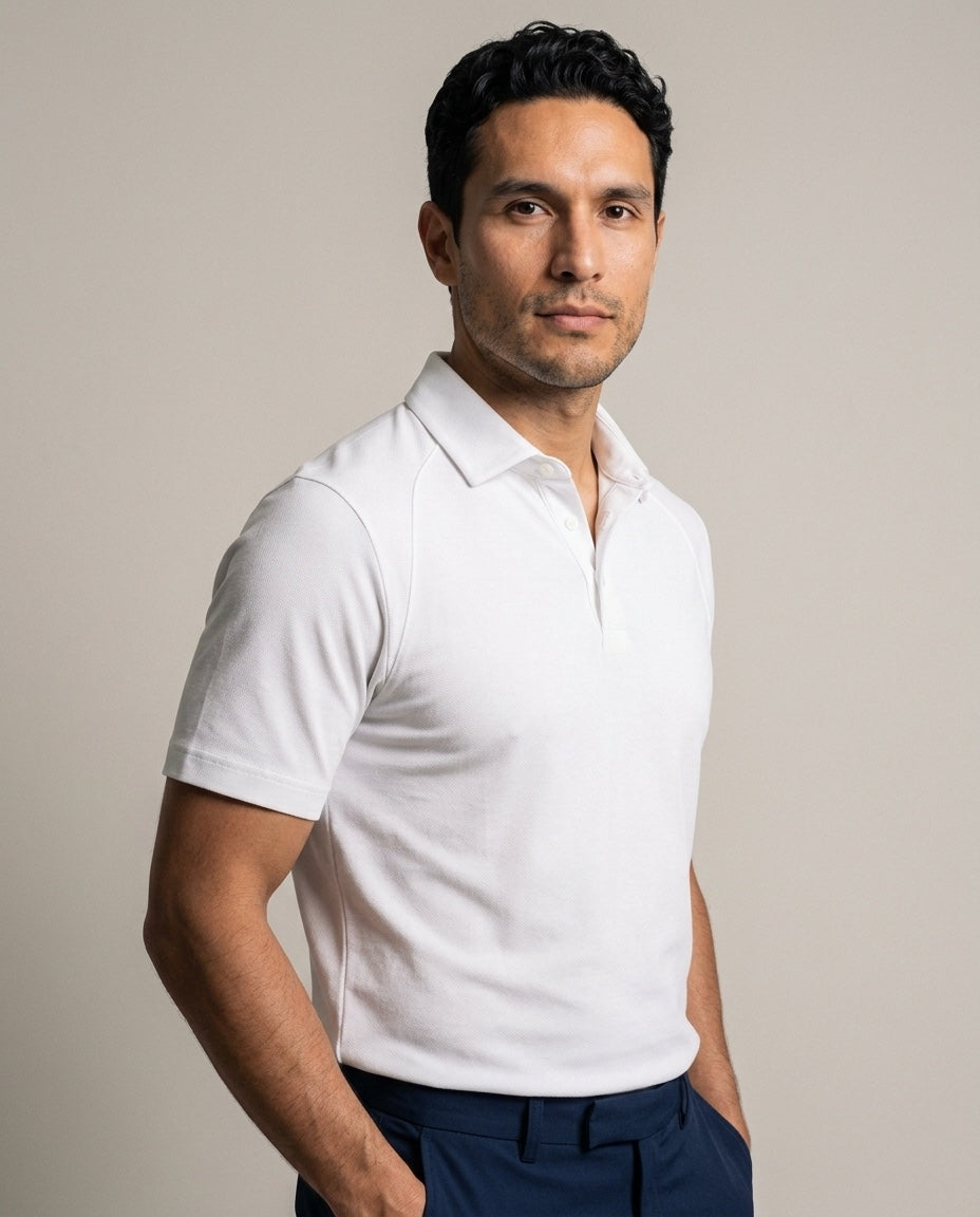 Men's Dorado Polo with SwingFree™ Technology in White, studio three-quarter view
