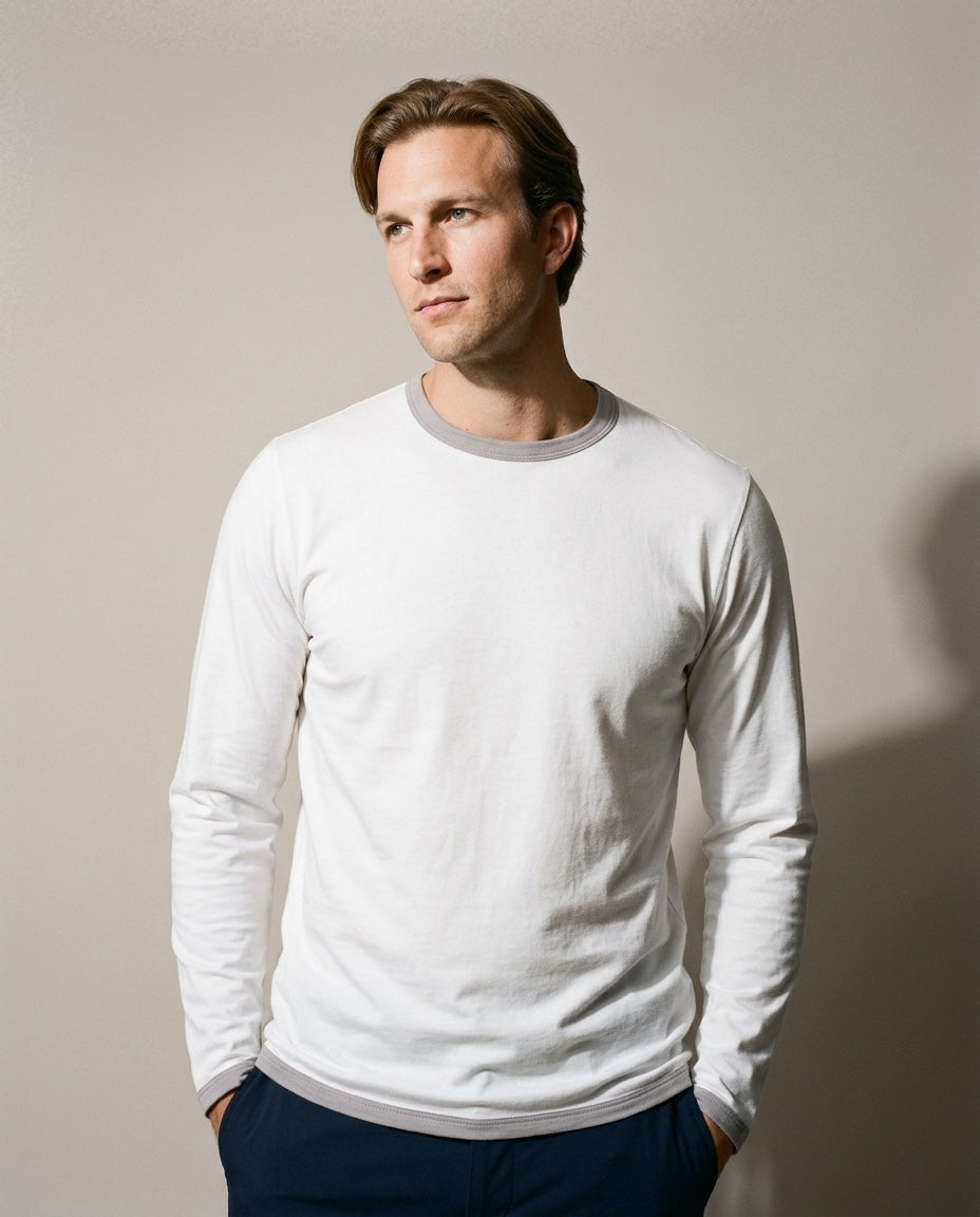 Men's Peruvian Cotton Reversible Tee in White / Grey, studio front view
