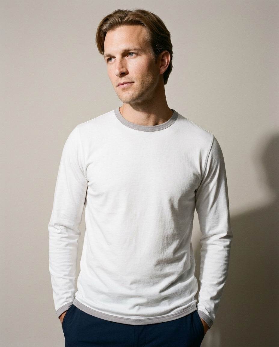 Men's Peruvian Cotton Reversible Tee in White / Grey, studio front view