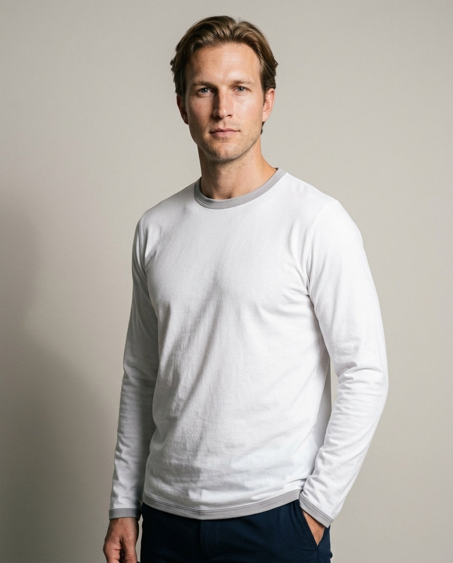 Men's Peruvian Cotton Reversible Tee in White / Grey, studio three-quarter view
