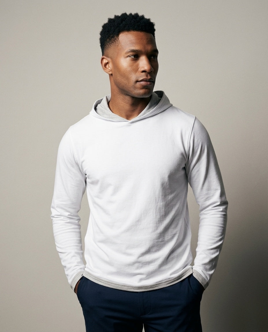 Men's Peruvian Cotton Reversible Hoodie in White / Grey, studio front view