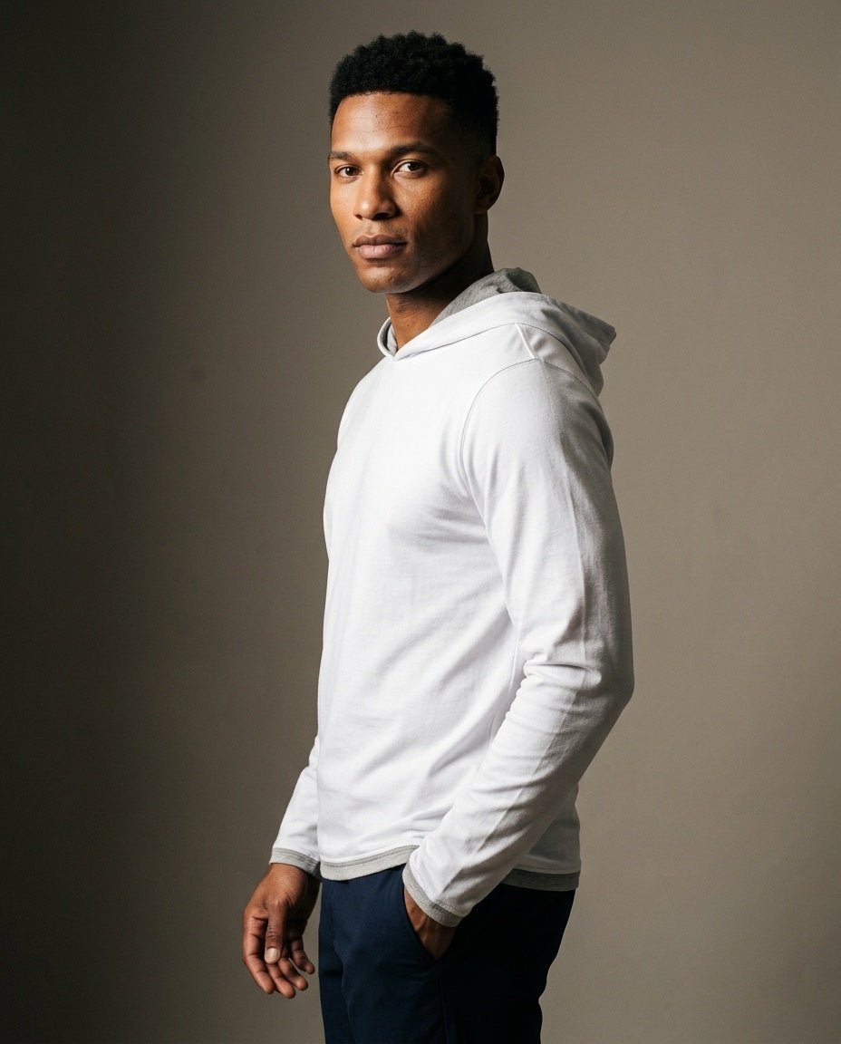 Men's Peruvian Cotton Reversible Hoodie in White / Grey, studio three-quarter view