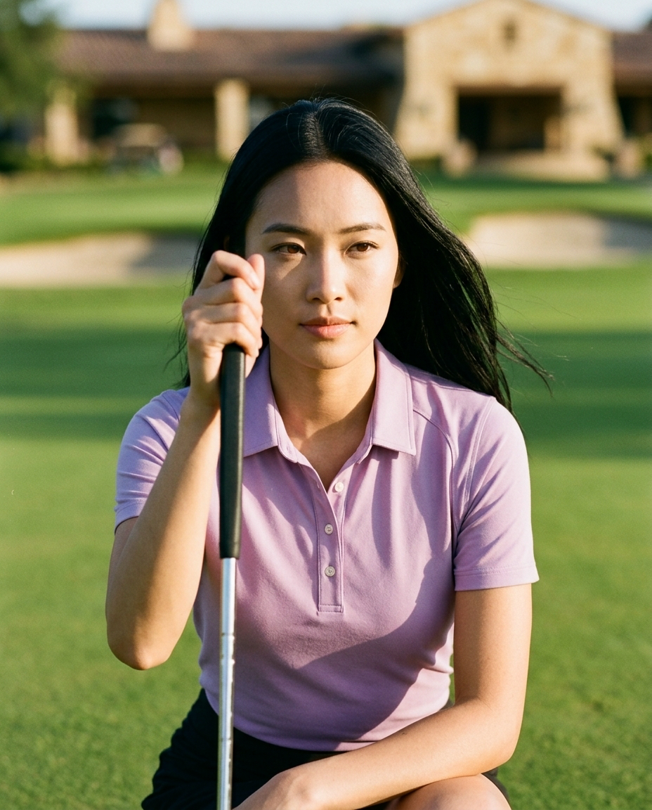 Woman in lavender NIAM SwingFree performance polo in a putt-read crouch on the green