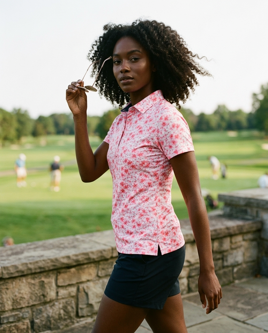 Woman in pink Hawaiian floral NIAM performance polo walking the clubhouse terrace, glancing back