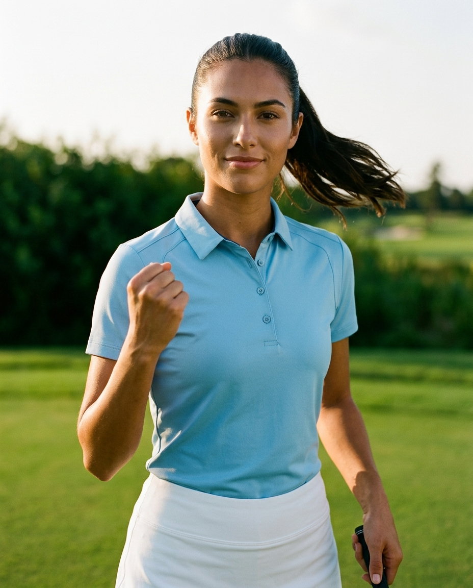 Woman in sky blue NIAM SwingFree performance polo celebrating a putt on the green