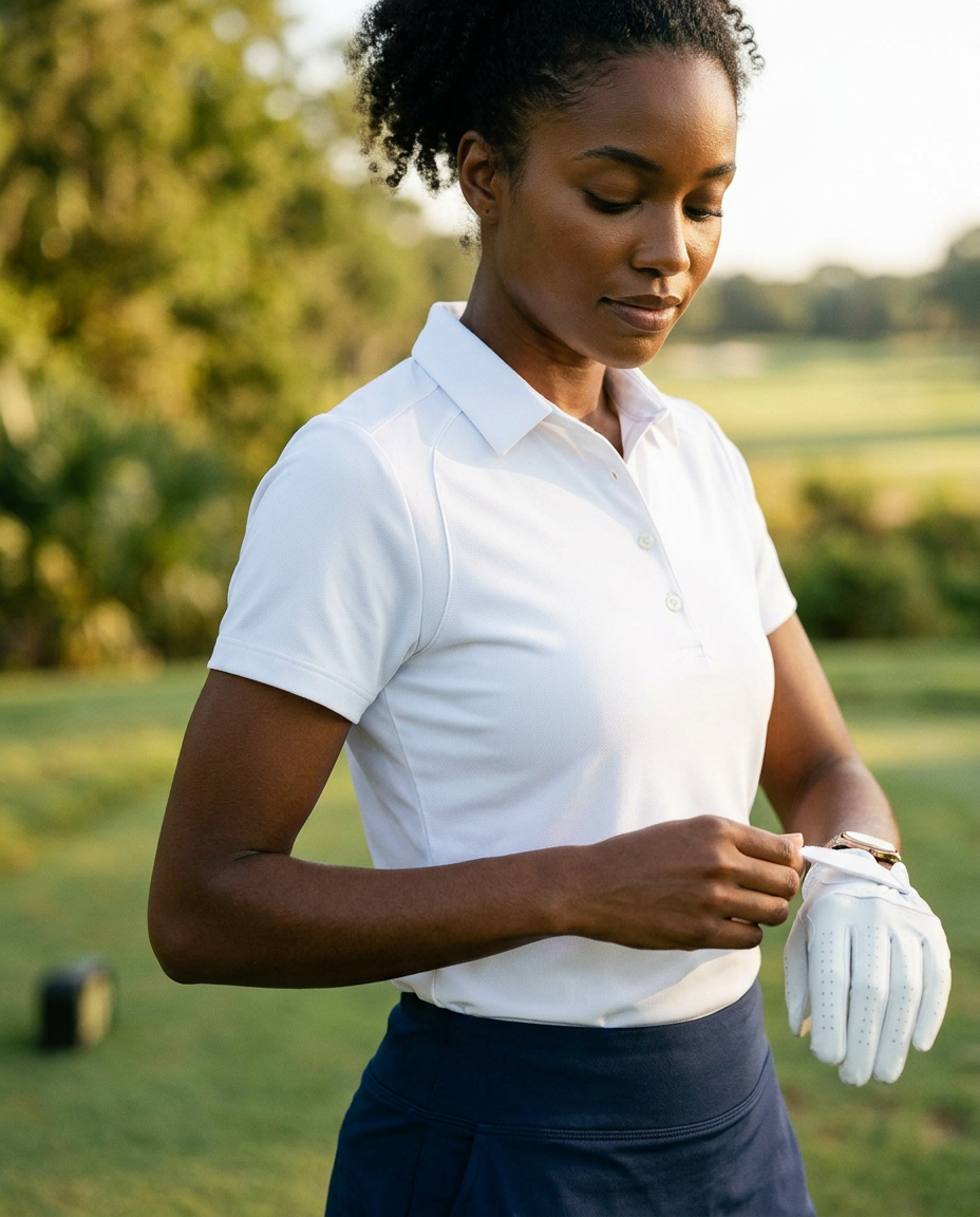 Woman in white NIAM SwingFree performance polo stepping onto the tee box