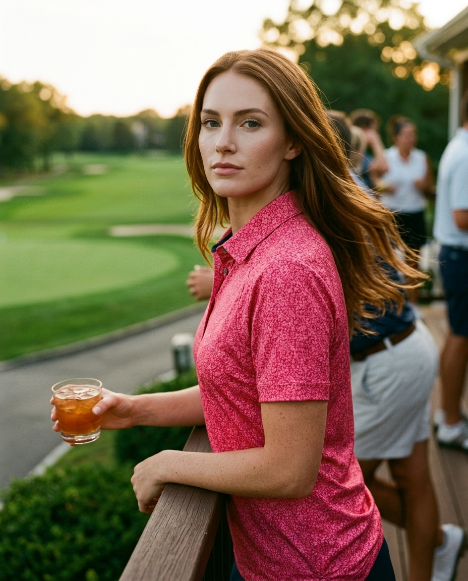 Woman in red floral NIAM polo leaning on a clubhouse terrace railing