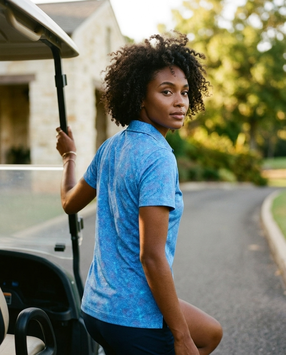 Woman in NIAM blue batik pique polo stepping off a golf cart