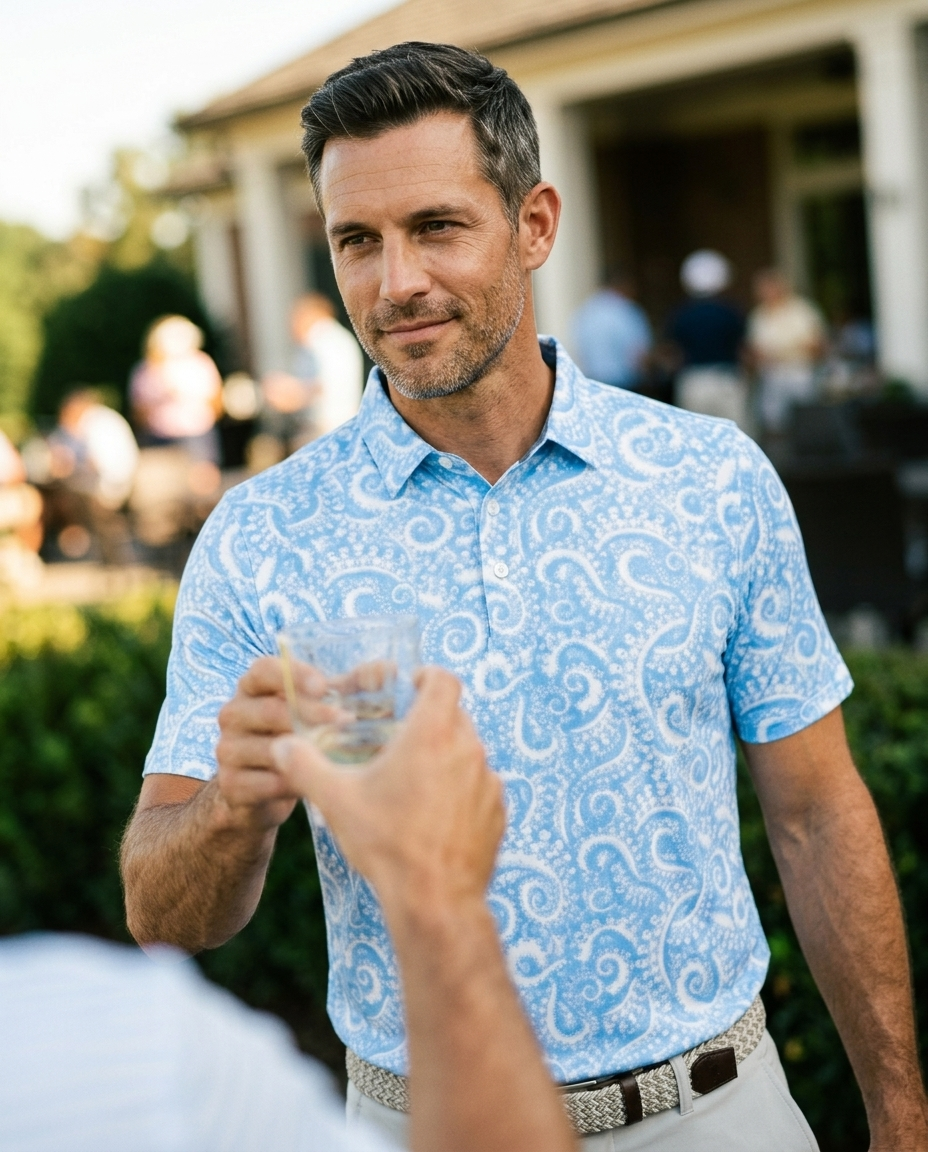Man in NIAM Monteray tropical print polo, composed toast on a clubhouse terrace