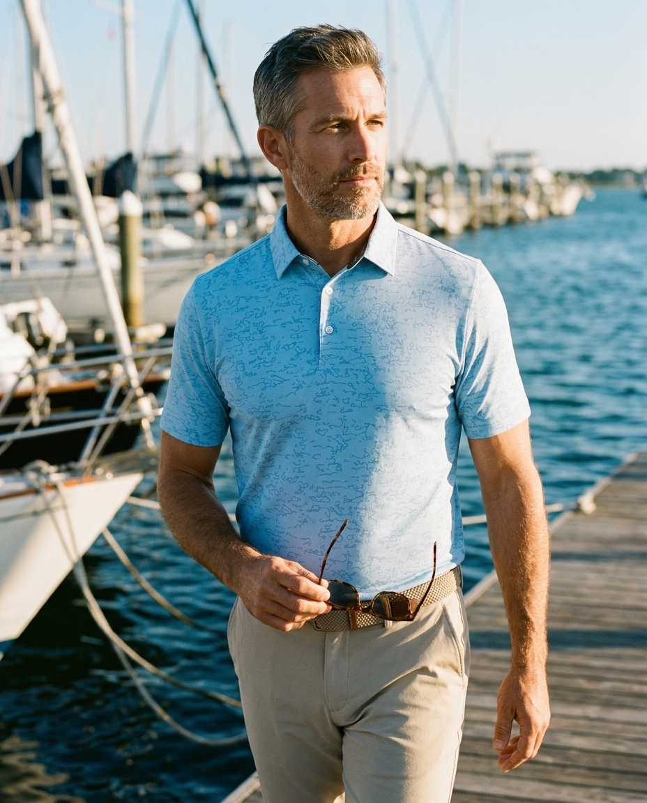 Man in NIAM Vieques tropical print polo walking a sunlit marina