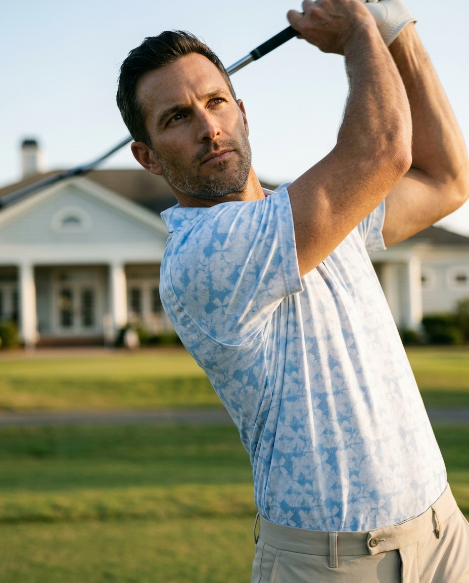 Man in NIAM light blue abstract pique polo at golf swing follow-through