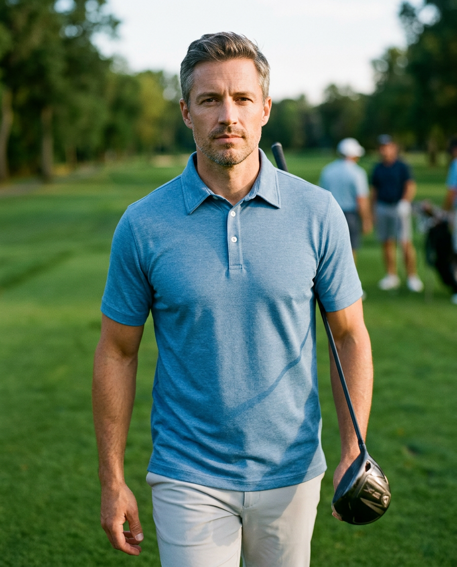 Man in NIAM spring blue 3-button pique polo striding off the tee