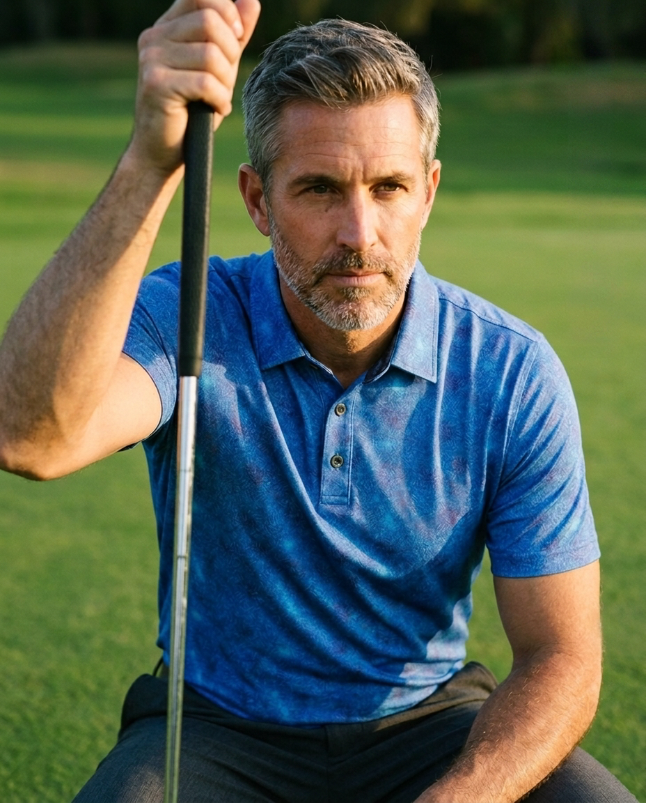 Man in NIAM blue batik pique polo reading a putt on the green