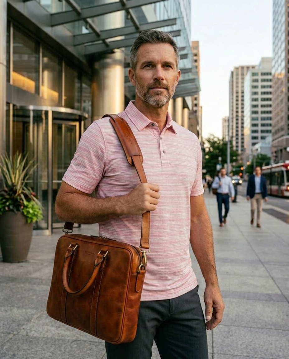 Man in NIAM broken-stripe pique polo, urban lifestyle