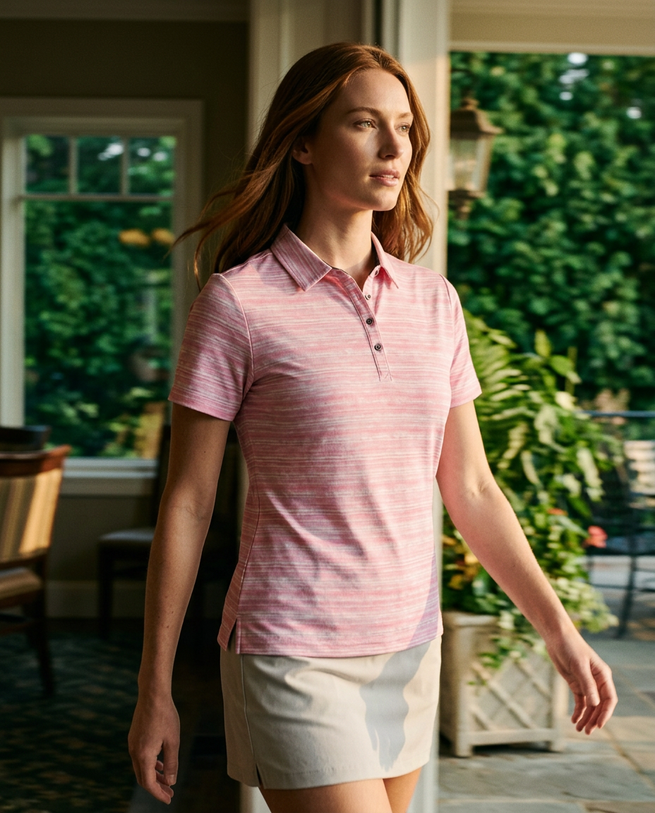 Woman in NIAM pink broken-stripe pique polo striding the fairway
