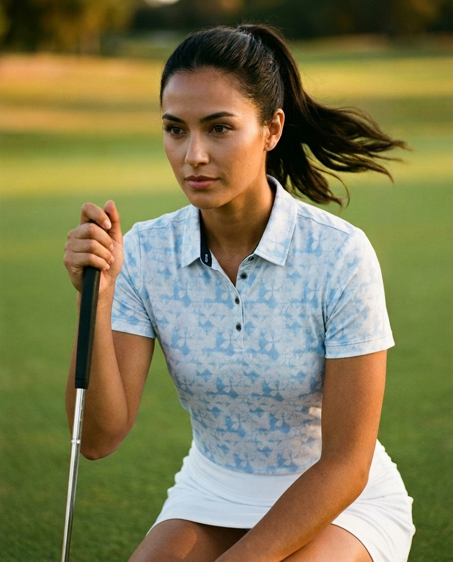 Woman in NIAM light blue abstract pique polo reading a putt on the green