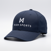 NIAM Sports Performance Golf Cap in Navy, structured five-panel crown with pre-curved visor and white embroidered logo