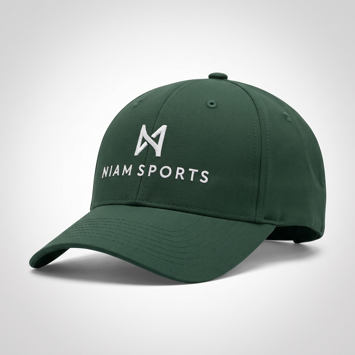 NIAM Sports Performance Golf Cap in Dark Green, structured five-panel crown with pre-curved visor and white embroidered logo