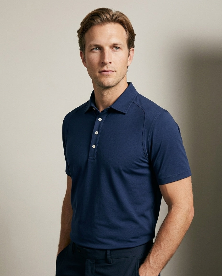 Men's SwingFree™ Performance Polo in Navy, studio three-quarter view