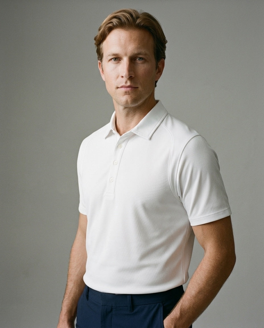 Men's SwingFree™ Performance Polo in White, studio three-quarter view