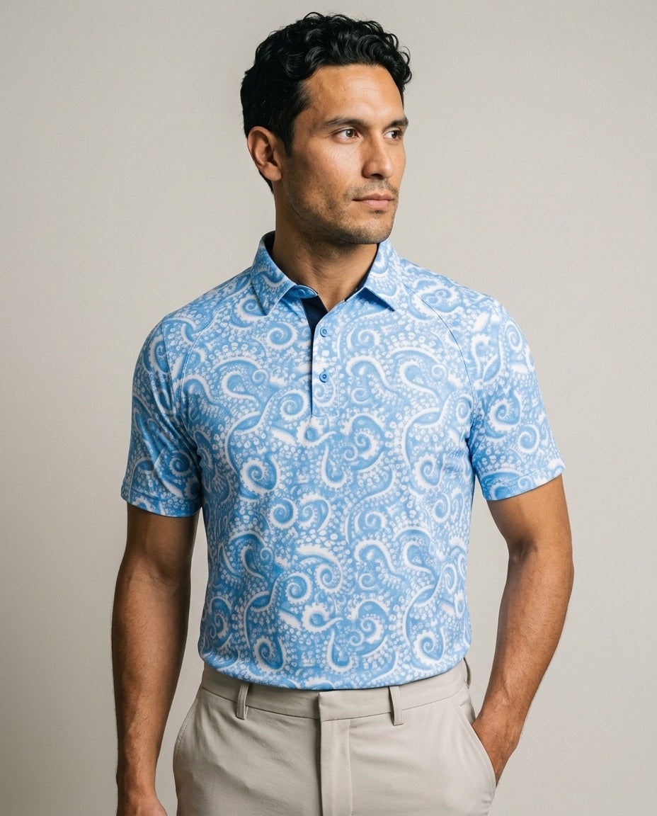Men's Monteray Polo with SwingFree™ Technology in Blue Print, studio front view