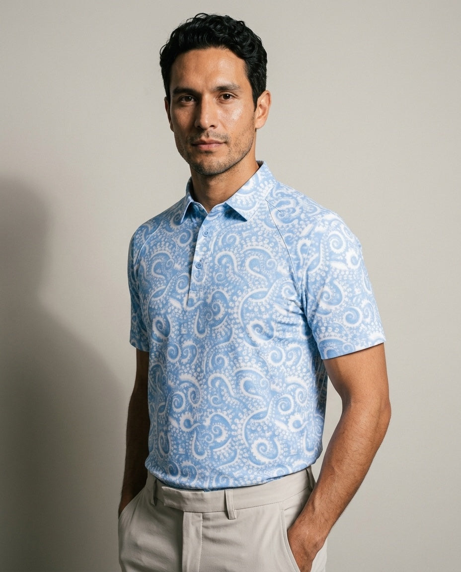 Men's Monteray Polo with SwingFree™ Technology in Blue Print, studio three-quarter view