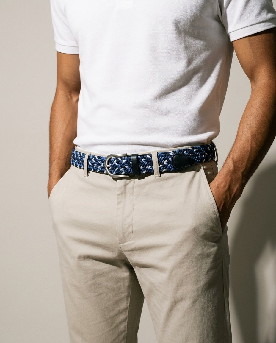 Men's Braided Belt in Blue, studio three-quarter view