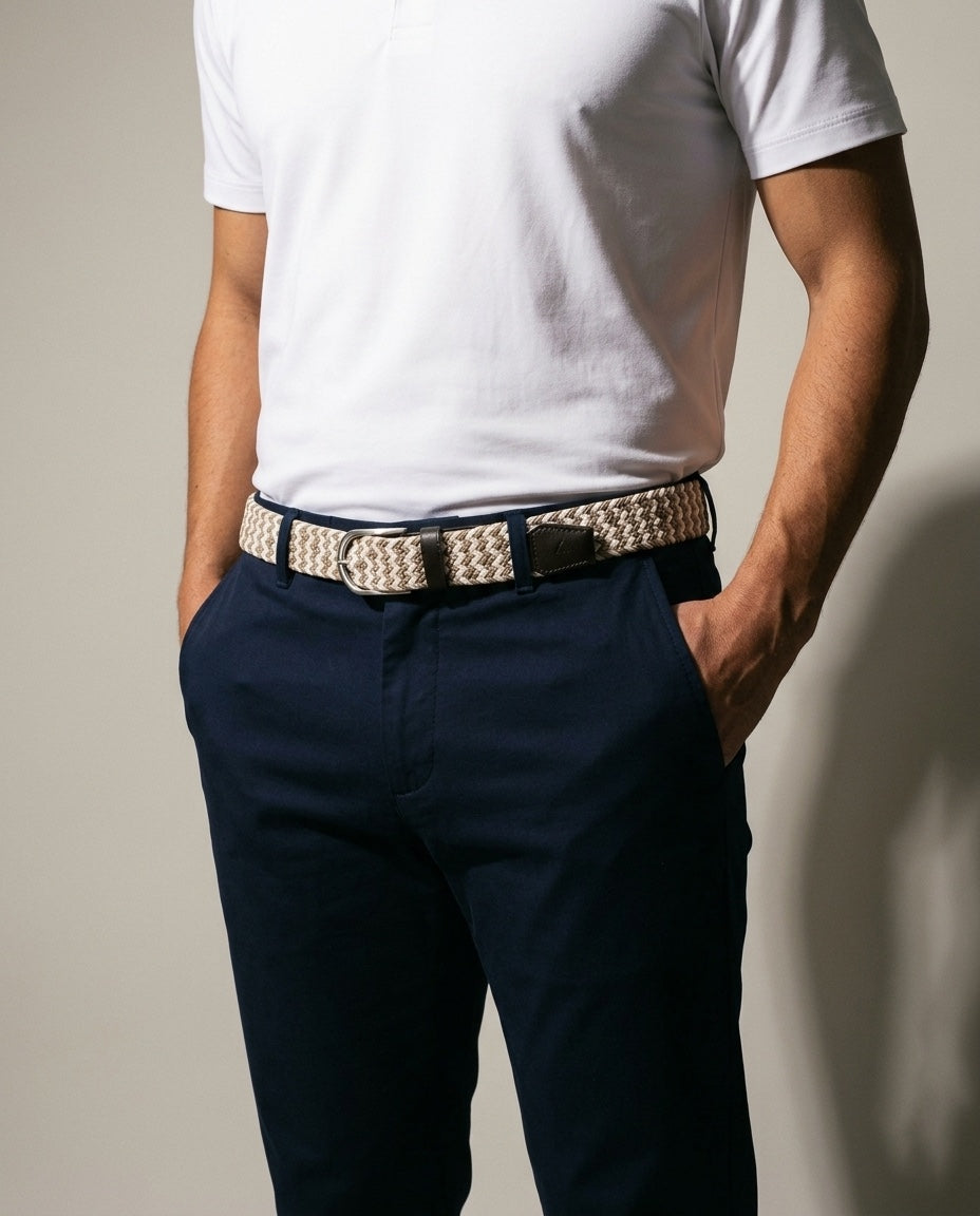 Men's Braided Belt in Tan, studio three-quarter view