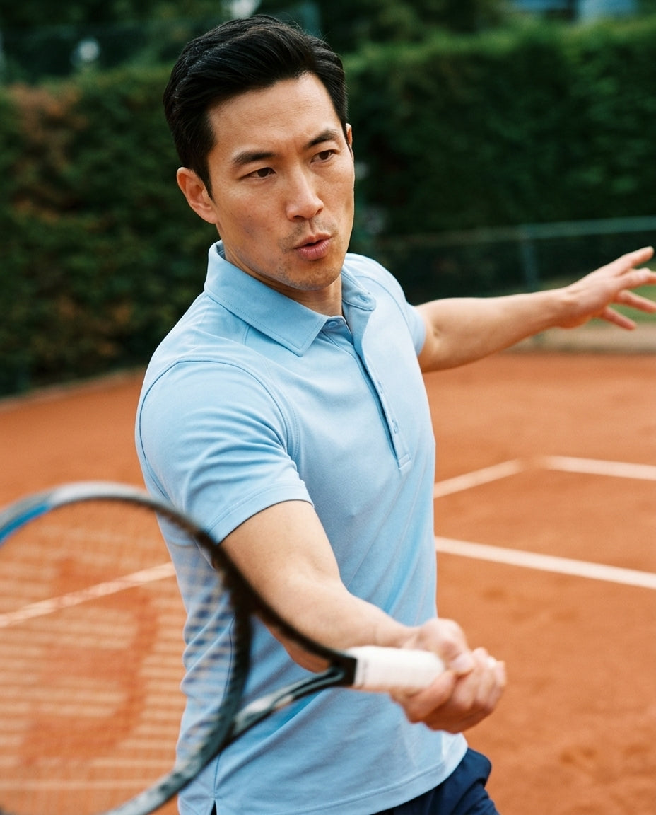 Man in sky blue NIAM SwingFree performance polo, lifestyle on course