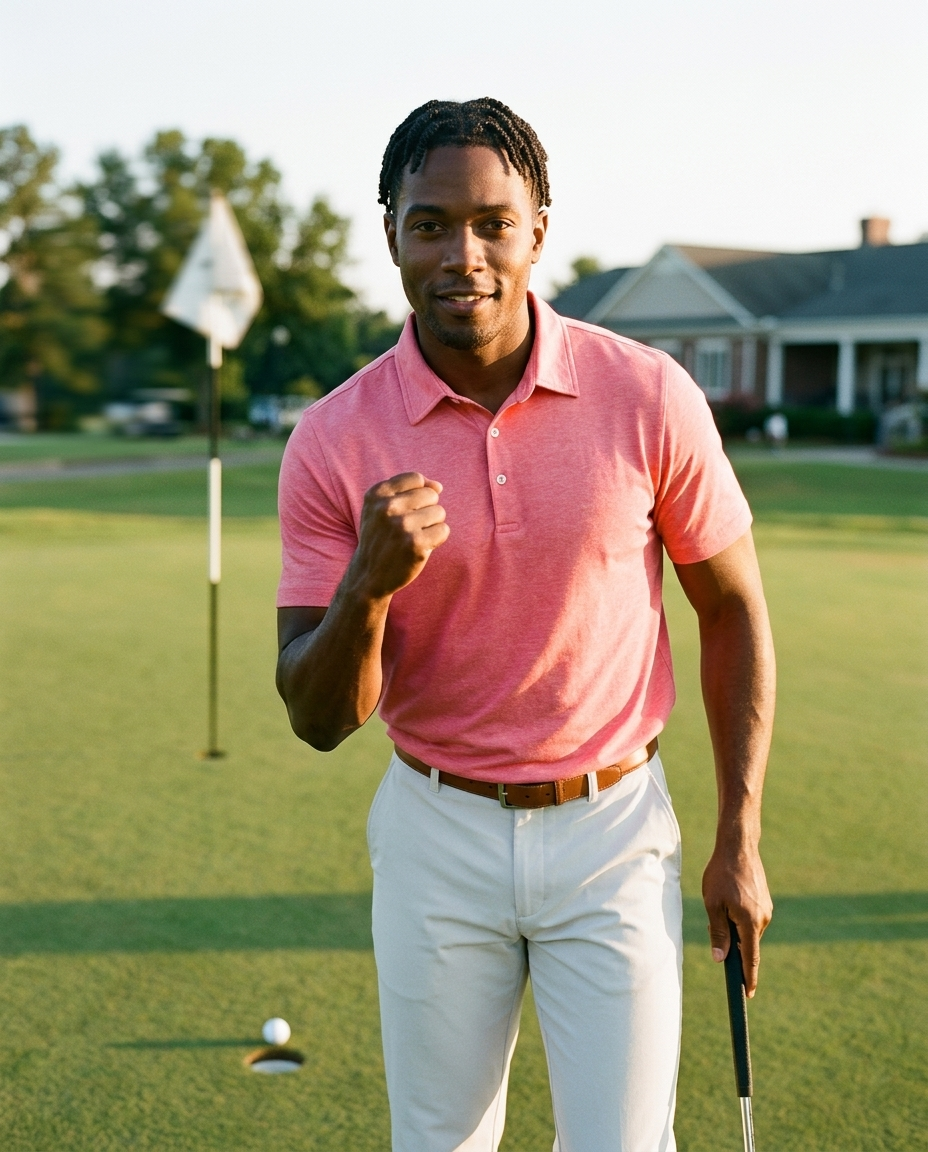 Man in paradise pink NIAM 3-button pique polo, lifestyle on course