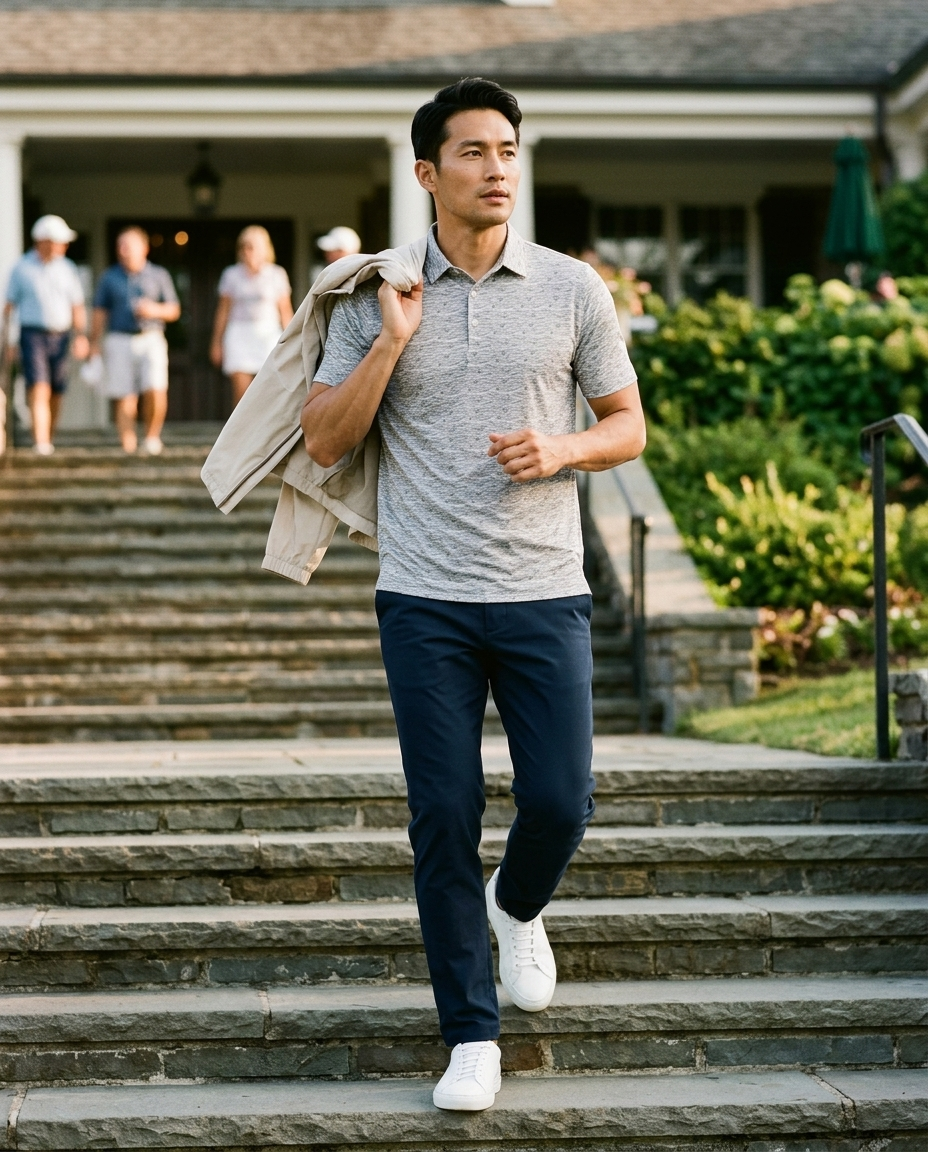 Man in gray wave NIAM 3-button polo, lifestyle on course